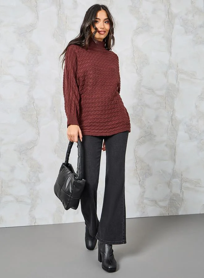 Styli Oversized Textured High Neck Batwing Sleeve Sweater
