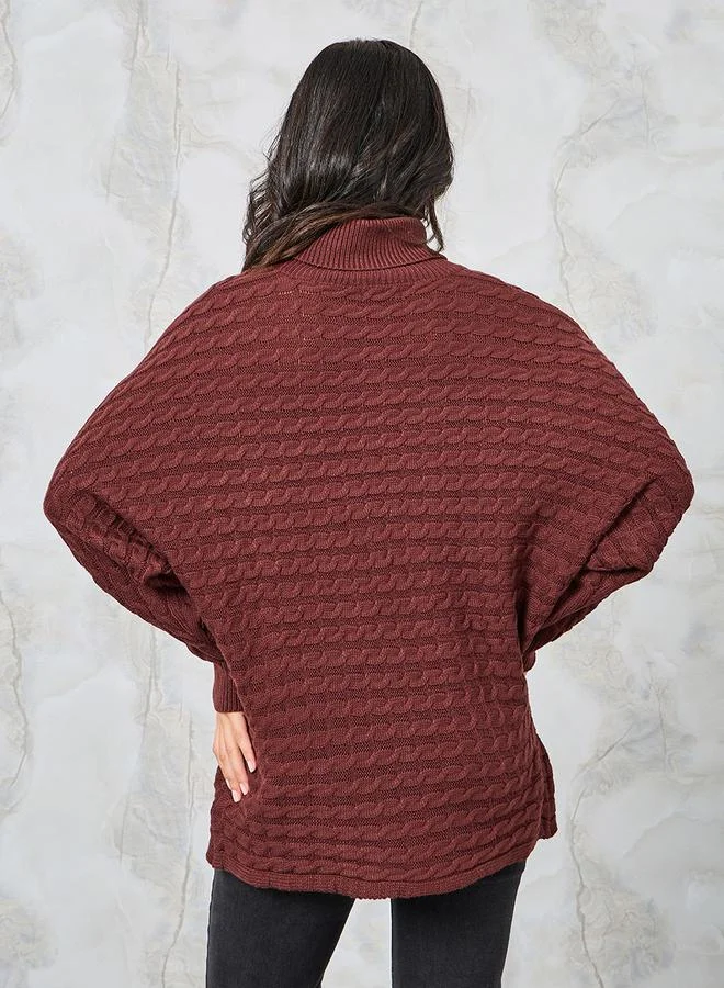 Styli Oversized Textured High Neck Batwing Sleeve Sweater