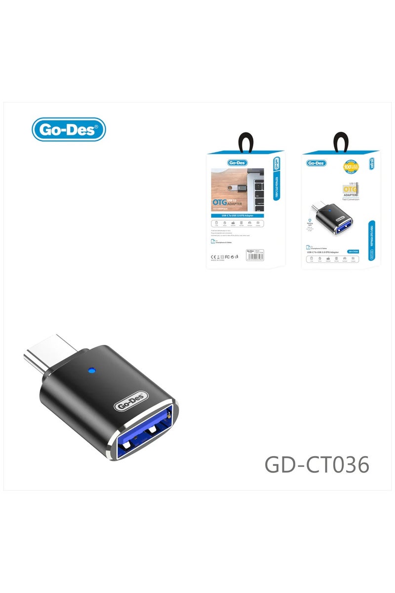 GO-DES USB-C to USB 3.0 OTG Male to Female Adapter with Warning Light Design Zinc Alloy Plug and Play for U Disk Mouse Keyboard Phone - Image 1