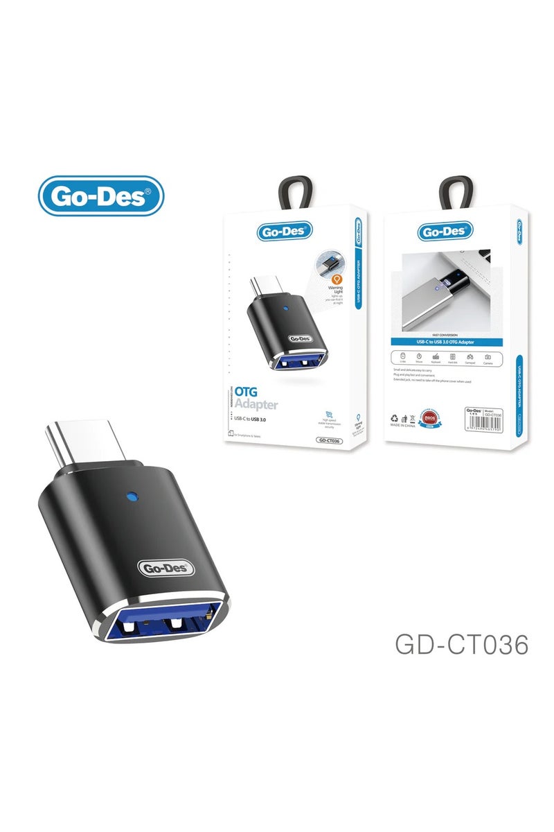 GO-DES USB-C to USB 3.0 OTG Male to Female Adapter with Warning Light Design Zinc Alloy Plug and Play for U Disk Mouse Keyboard Phone - Image 2