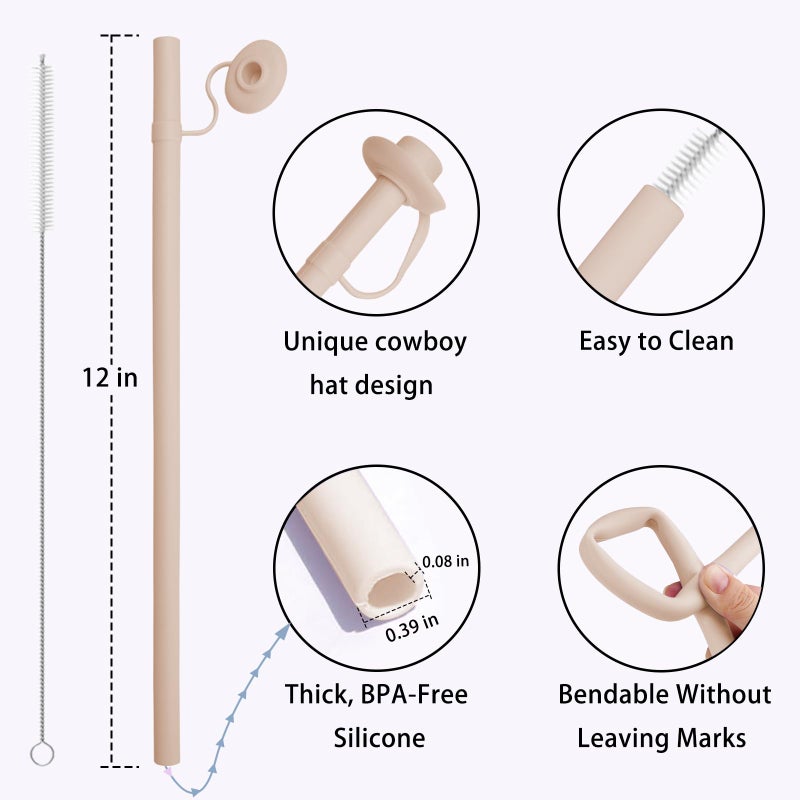 HEBEICRMY 2 Pack Reusable Silicone Straws for Stanley Cups 20oz 30oz 40oz, 12â€ Long Drinking Straws with Built-In Cowboy-Style Straw Top, Bite-Safe, Trim-to-Fit, Includes Cleaning Brush (Pink) - Image 2