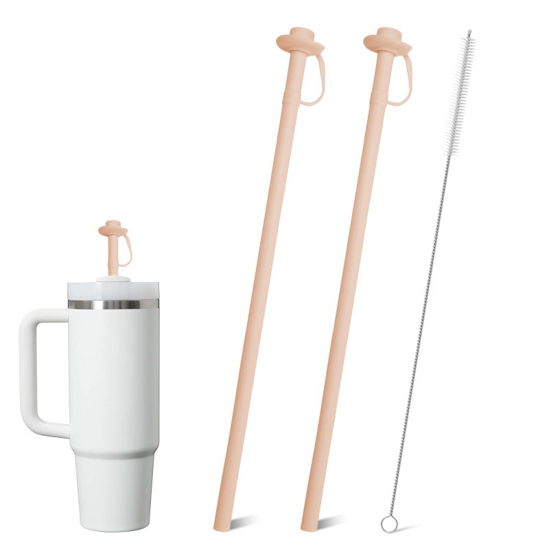 HEBEICRMY 2 Pack Reusable Silicone Straws for Stanley Cups 20oz 30oz 40oz, 12â€ Long Drinking Straws with Built-In Cowboy-Style Straw Top, Bite-Safe, Trim-to-Fit, Includes Cleaning Brush (Pink) - Image 1