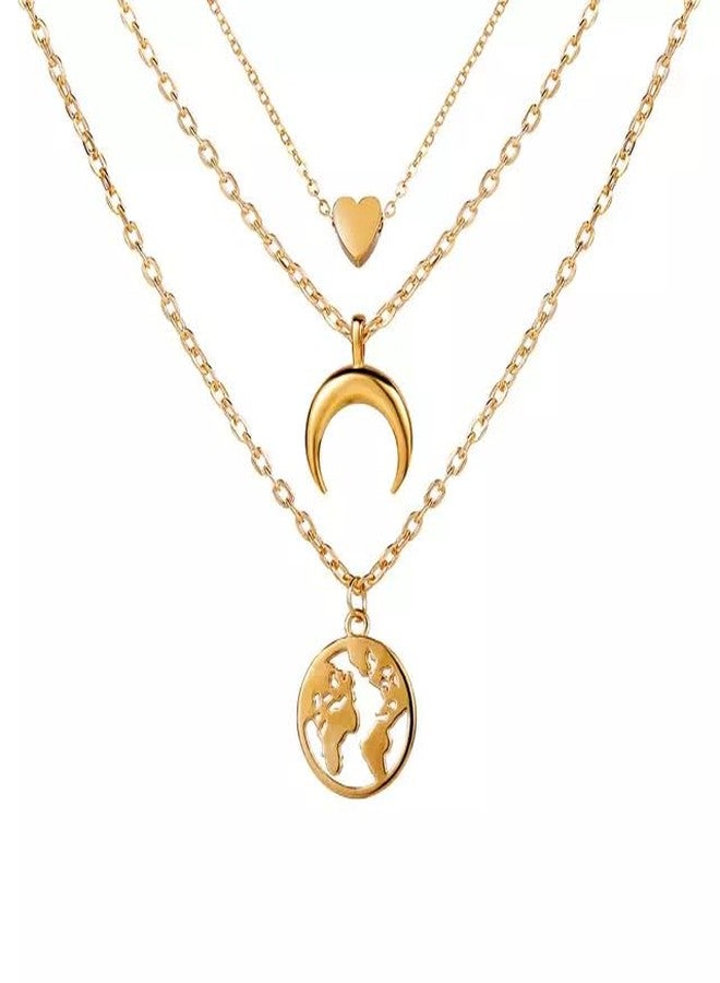 Pinapes Heart, Crescent & World Layered Necklace - Gold-Tone Triple Chain - Image 1