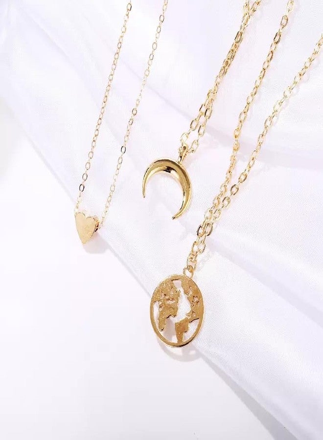 Pinapes Heart, Crescent & World Layered Necklace - Gold-Tone Triple Chain - Image 2