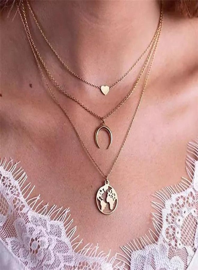 Pinapes Heart, Crescent & World Layered Necklace - Gold-Tone Triple Chain - Image 5