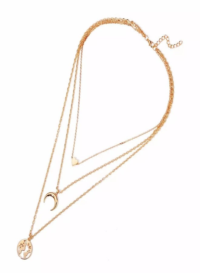 Pinapes Heart, Crescent & World Layered Necklace - Gold-Tone Triple Chain - Image 3