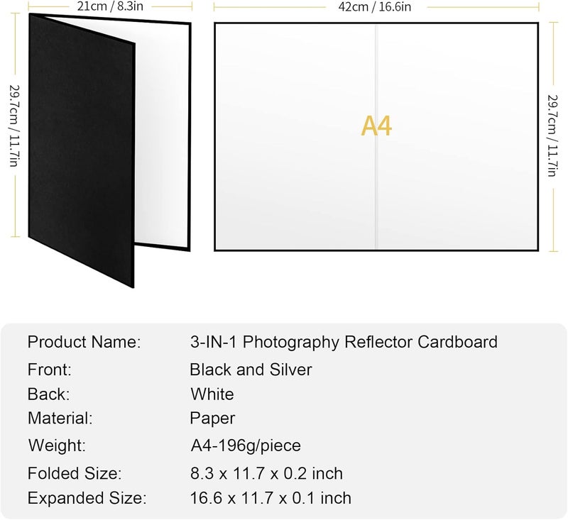 Meking 3 in 1 Photography Reflector Cardboard, 12 x 8 inch Folding Light Diffuser Board for Still Life, Product and Food Photo Shooting - Black, Silver and White, 2 Pack - Image 4