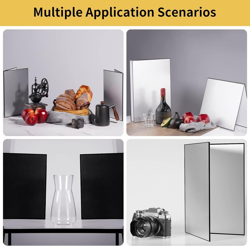 Meking 3 in 1 Photography Reflector Cardboard, 12 x 8 inch Folding Light Diffuser Board for Still Life, Product and Food Photo Shooting - Black, Silver and White, 2 Pack - Image 5