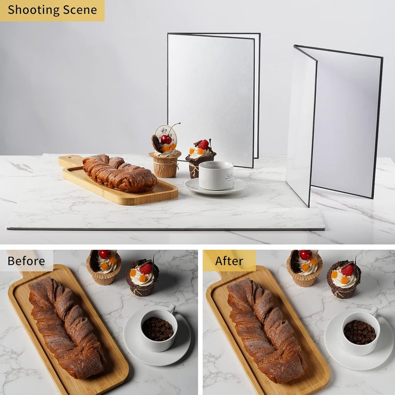 Meking 3 in 1 Photography Reflector Cardboard, 12 x 8 inch Folding Light Diffuser Board for Still Life, Product and Food Photo Shooting - Black, Silver and White, 2 Pack - Image 3