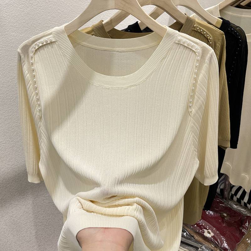 Loose Belly-Covering Beaded Round Neck Ice Silk Short-Sleeved Shirt for Women Summer Style Thin Knitted Sweater - Image 4