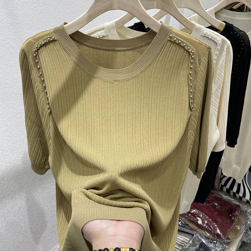 Loose Belly-Covering Beaded Round Neck Ice Silk Short-Sleeved Shirt for Women Summer Style Thin Knitted Sweater - Image 1