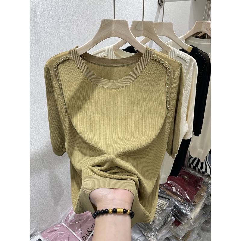 Loose Belly-Covering Beaded Round Neck Ice Silk Short-Sleeved Shirt for Women Summer Style Thin Knitted Sweater - Image 5