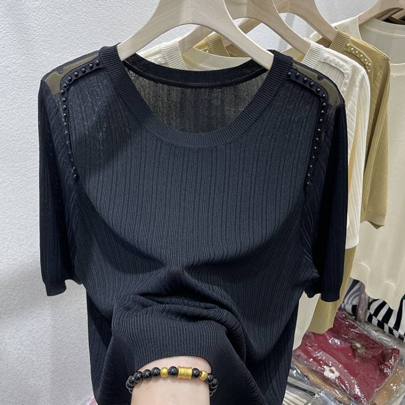 Loose Belly-Covering Beaded Round Neck Ice Silk Short-Sleeved Shirt for Women Summer Style Thin Knitted Sweater - Image 3