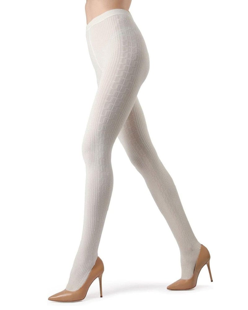 MeMoi Portland Side Cable Knit Cotton Tights for Women, Cozy Sweater Tights, Warm Womens Tights - Winter White Large/X-Large - Image 1
