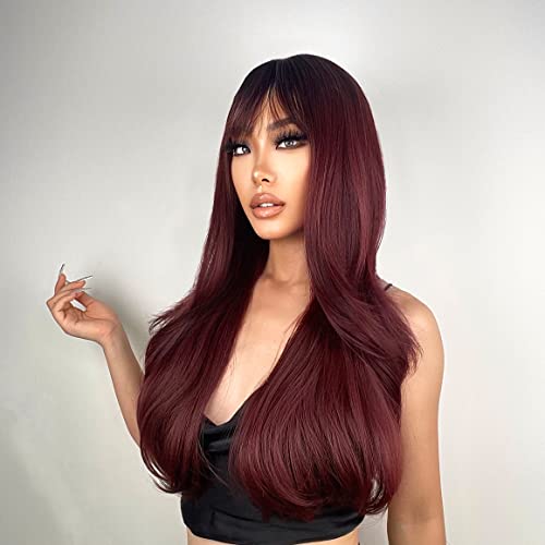 N NAYASA Burgundy Wigs with Bangs Wine Red Ombre Wigs for Women Long Layered Wigs with Dark Roots Synthetic Heat Resistant Wigs for Daily Party Use - Image 4
