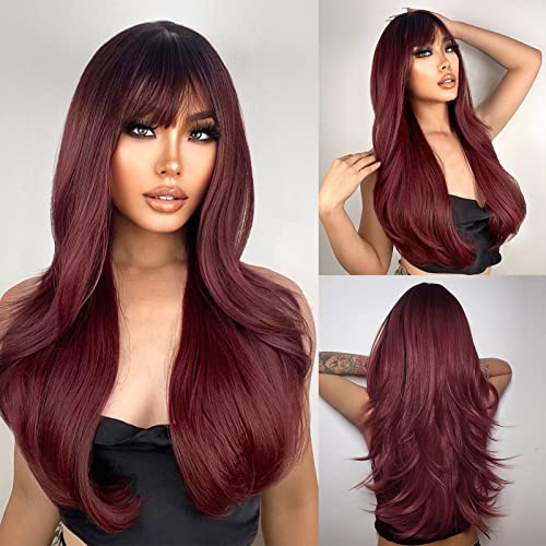 N NAYASA Burgundy Wigs with Bangs Wine Red Ombre Wigs for Women Long Layered Wigs with Dark Roots Synthetic Heat Resistant Wigs for Daily Party Use - Image 1