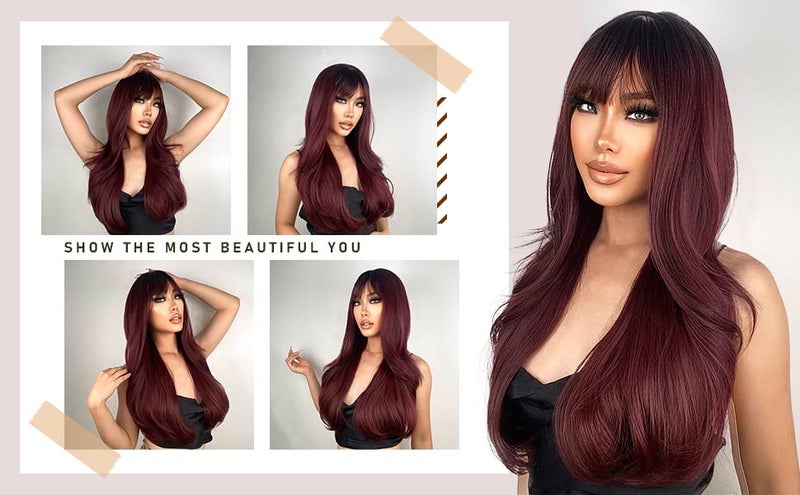 N NAYASA Burgundy Wigs with Bangs Wine Red Ombre Wigs for Women Long Layered Wigs with Dark Roots Synthetic Heat Resistant Wigs for Daily Party Use - Image 5
