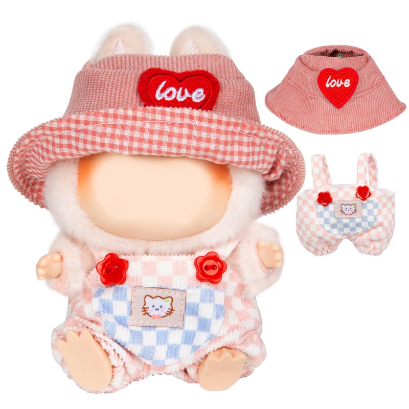 CHICHO 17cm Doll Clothes for Labubu Kawaii Chic Style Set for 17cm Dolls Cute Doll Outfit with Accessories Pink and White Check Romper Heart Shaped Pink Hat Clothes Only - Image 2