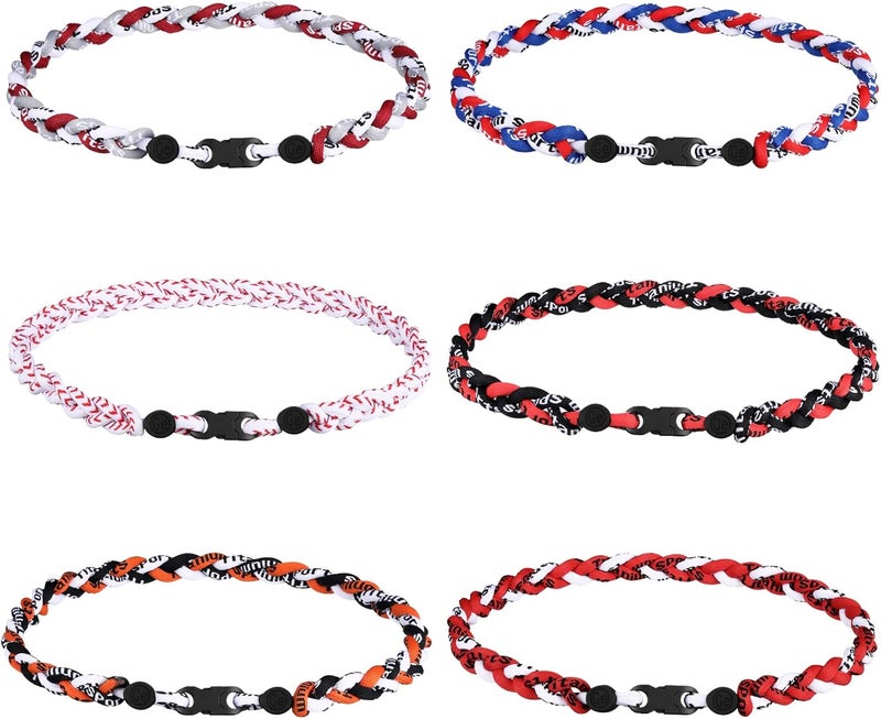Nosiny 6 Pcs Baseball Rope Necklaces 3 Braided Rope Softball Tornado Titanium Sports Necklace for Team Gifts Men Women Sport Fans Player Assorted Colors - Image 1