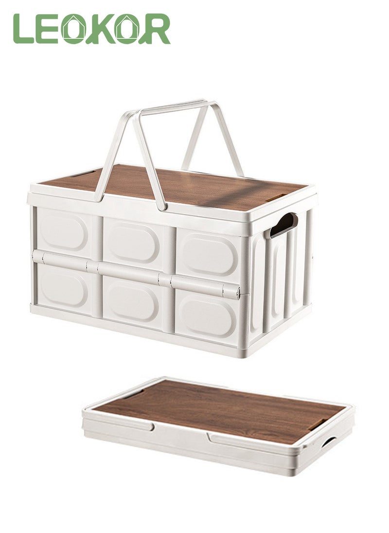 LEOKOR Foldable Storage Box with Wooden Lid, Camping Storage Bins, Portable Waterproof Storage Container For Outdoor Barbeque Picnic Fishing Car, Home Vehicle Organization, 55L  - Image 1