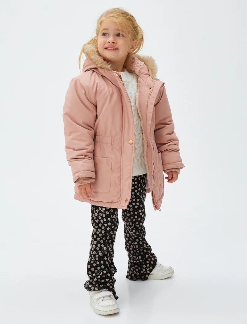 كوتون Hooded Coat Plush Lined Elastic Waist Pocket Wind Flap