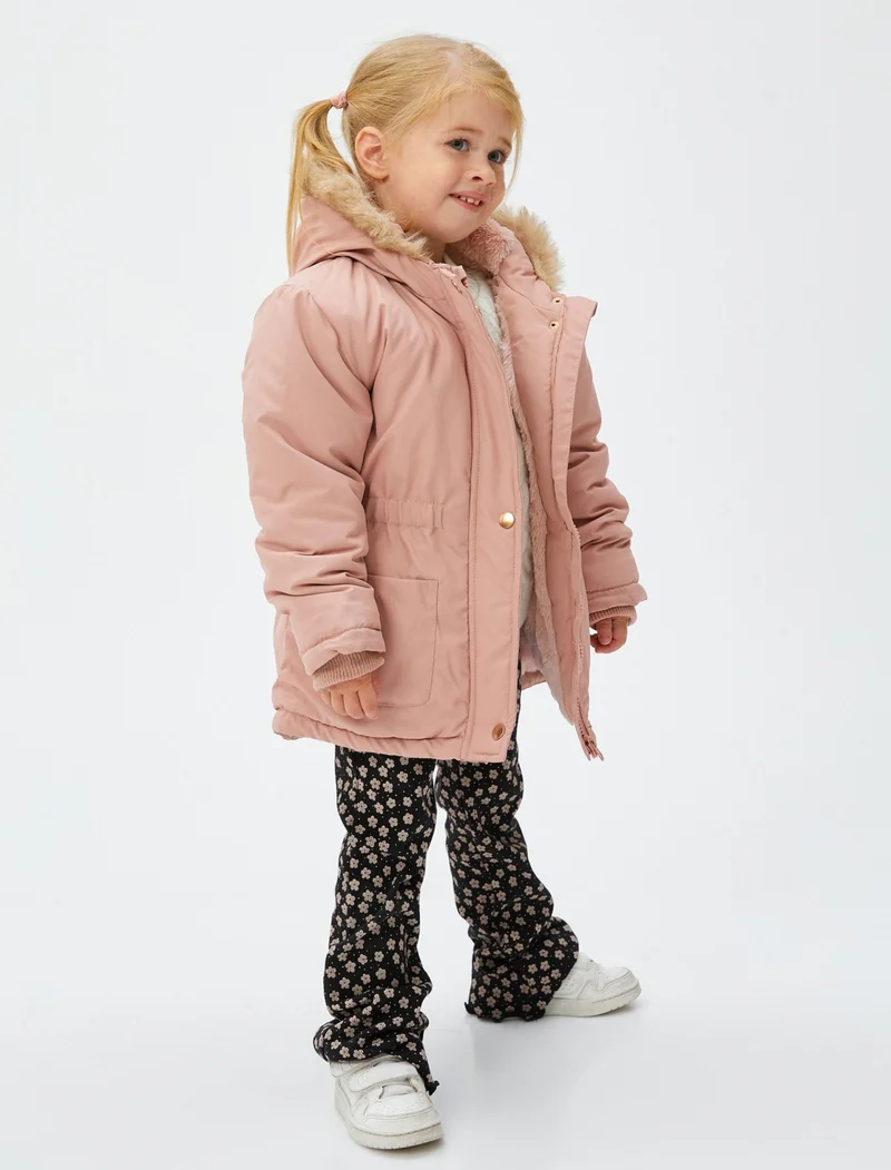 كوتون Hooded Coat Plush Lined Elastic Waist Pocket Wind Flap