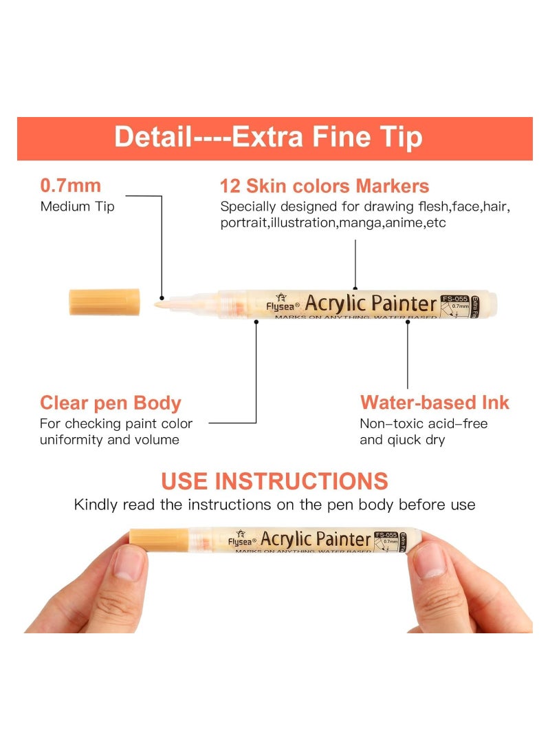 12 Skin Tone Acrylic Paint Pens - Extra Fine Tip Art Markers for Rocks, Canvas, Glass, Wood, and Manga Illustration Sketching - Image 5
