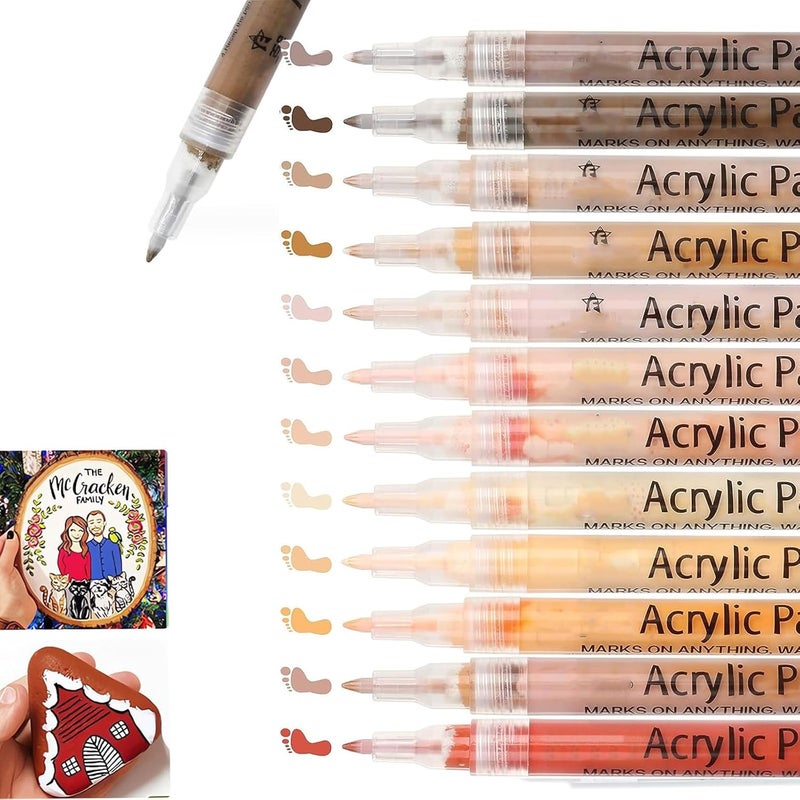 12 قلم طلاء أكريليك بألوان البشرة -Markers فنية ذات طرف دقيق لرسم الصخور، القماش، الزجاج، الخشب، ورسم المانغا - Image 1