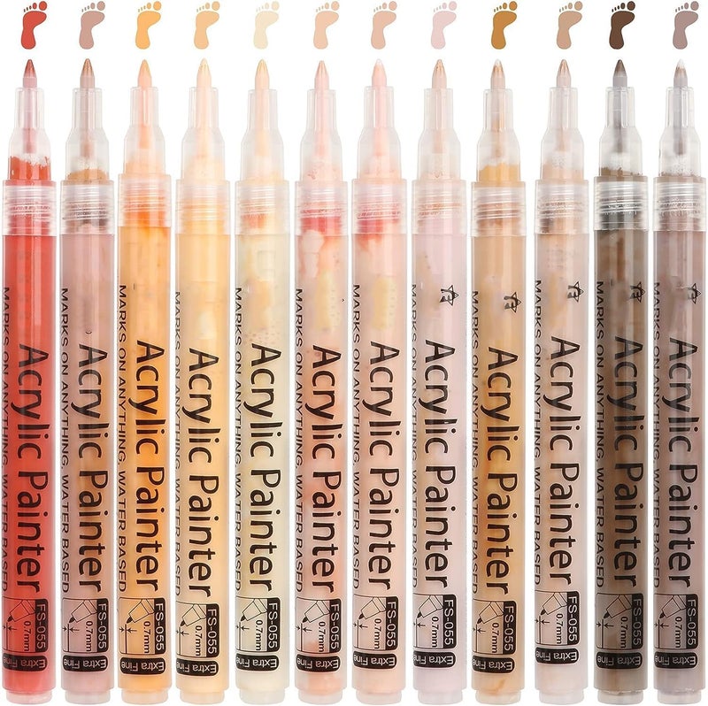 12 قلم طلاء أكريليك بألوان البشرة -Markers فنية ذات طرف دقيق لرسم الصخور، القماش، الزجاج، الخشب، ورسم المانغا - Image 2