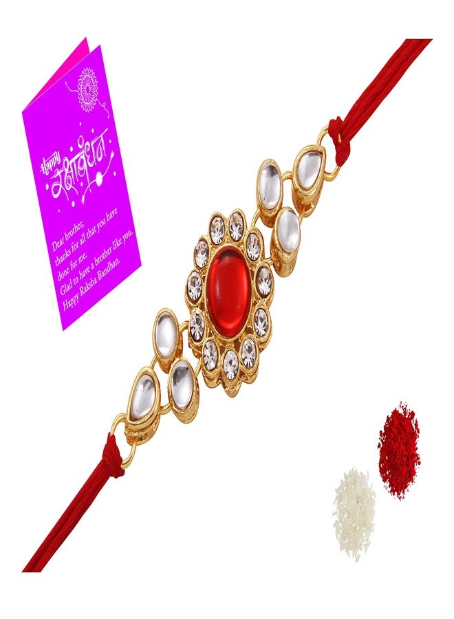 BANDHAN Ethnic Kundan Designer Rakhi for Brother with Roli Tika Pack (pack of 1)-DS12 - Image 1