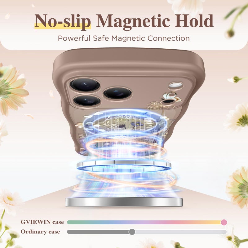 GVIEWIN for iPhone 17 Pro Max Case Compatible with MagSafe [Curly Wave Edge][Full Camera Protection] Floral Translucent Shockproof Magnetic Women Phone Case for 17 Pro Max, Autumnflit/Brown - Image 3