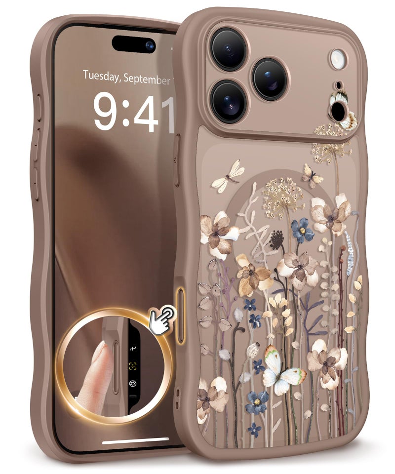 GVIEWIN for iPhone 17 Pro Max Case Compatible with MagSafe [Curly Wave Edge][Full Camera Protection] Floral Translucent Shockproof Magnetic Women Phone Case for 17 Pro Max, Autumnflit/Brown - Image 1