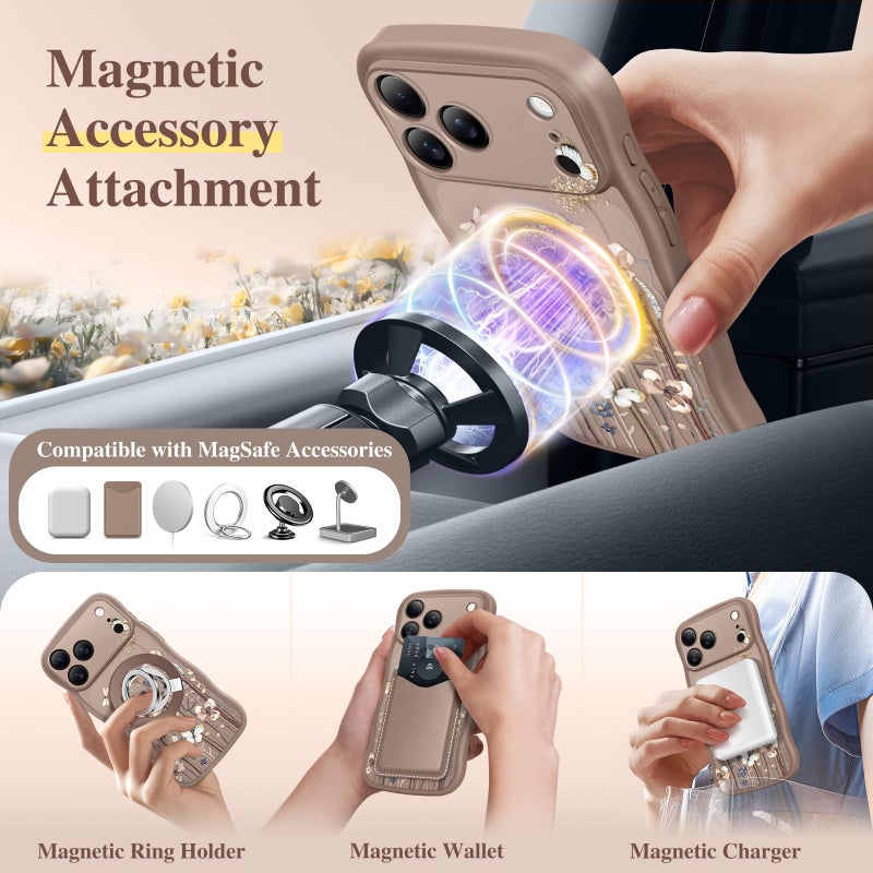 GVIEWIN for iPhone 17 Pro Max Case Compatible with MagSafe [Curly Wave Edge][Full Camera Protection] Floral Translucent Shockproof Magnetic Women Phone Case for 17 Pro Max, Autumnflit/Brown - Image 4