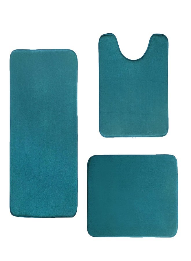 Madeals Memory Foam Bathroom Mat Set 3 Piece Bathroom Contour Rugs Combo, Soft Shaggy 2 Piece Bath Shower Mat and U-Shaped Toilet Floor Rug Teal Blue - Image 1