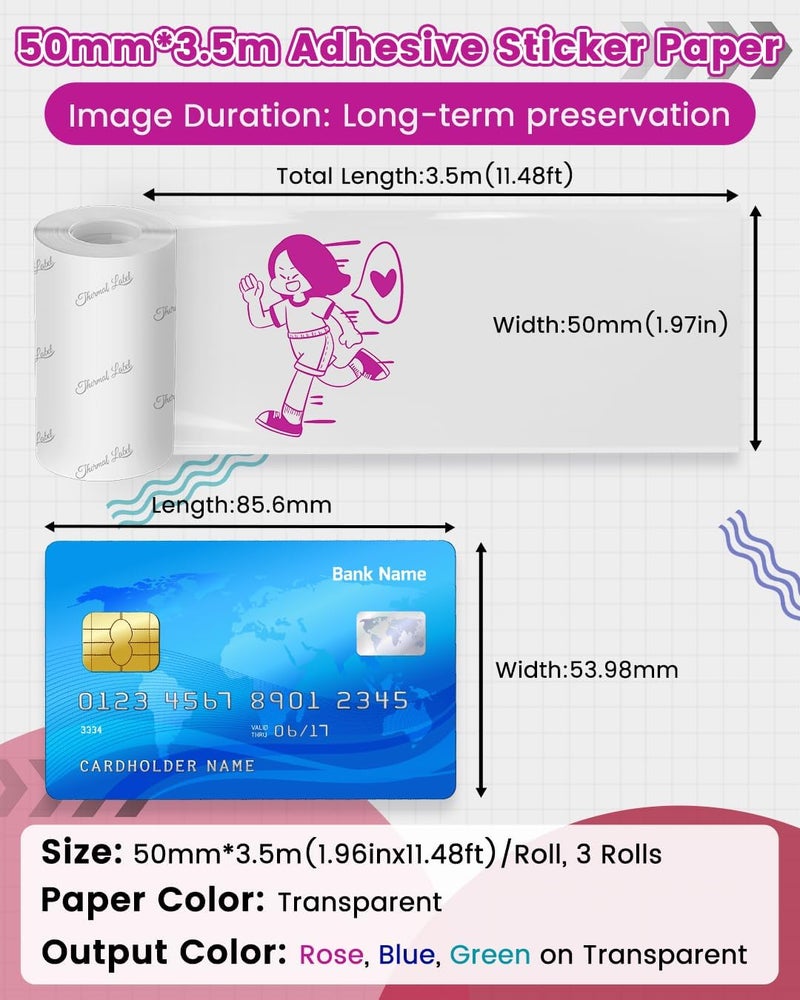 Memoking Sticker Paper - Transparent Thermal Sticker Compatible with Phomemo M02 Paper for M02 M02E M02X Q02 Y02C M02L M02D M04S Mini Printer, 50mmx3.5m/Roll, 3 Rolls, Clear Background Colored Text - Image 2