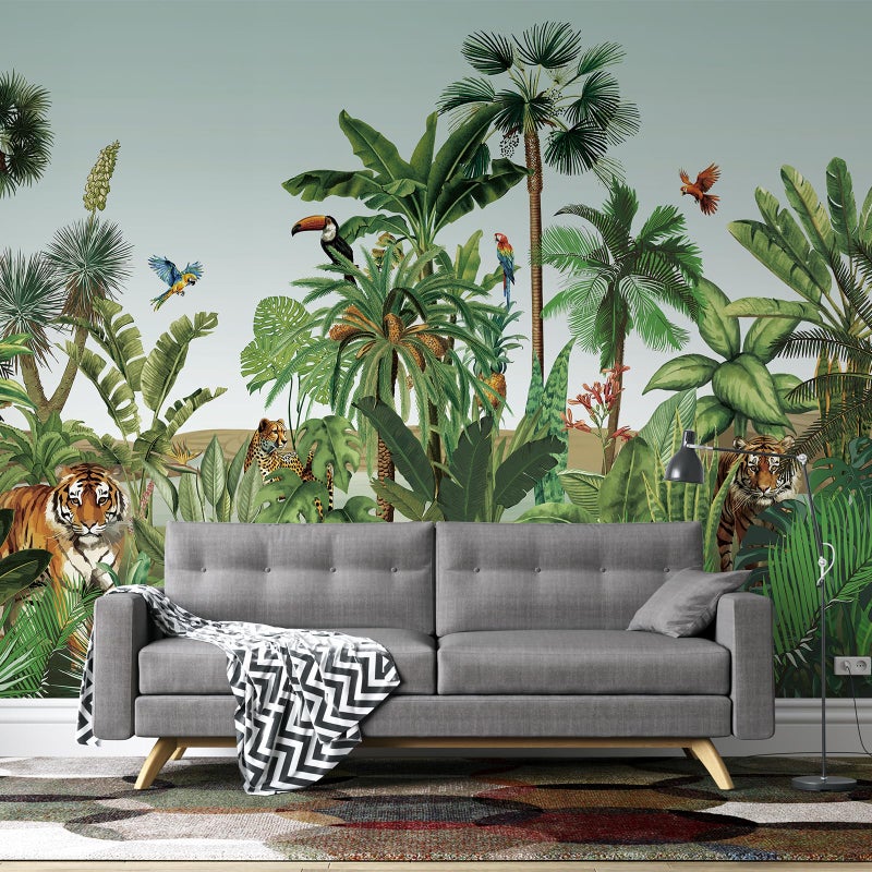 Zeeko ورق جدران سفاري قابل للإزالة واللصق - جداريات غابة استوائية 148 عرض × 98 ارتفاع - حيوانات النمر والفهد والطيور - ورق حائط ثلاثي الأبعاد للطبيعة - ديكور جداري لغرفة النوم وغرفة المعيشة