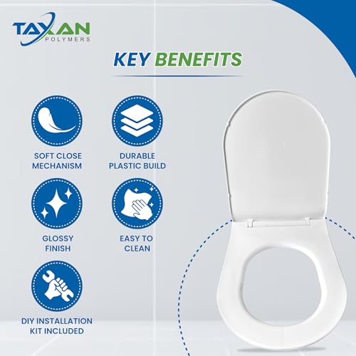 TAXAN POLYMERS TAXAN U-shape Toilet Seat Cover (45cm x 36cm) | Hydraulic Soft Close Mechanism | Heavy Duty Polypropylene EWC Commode Seat with DIY Installation Kit | Glossy White Finish - Image 3
