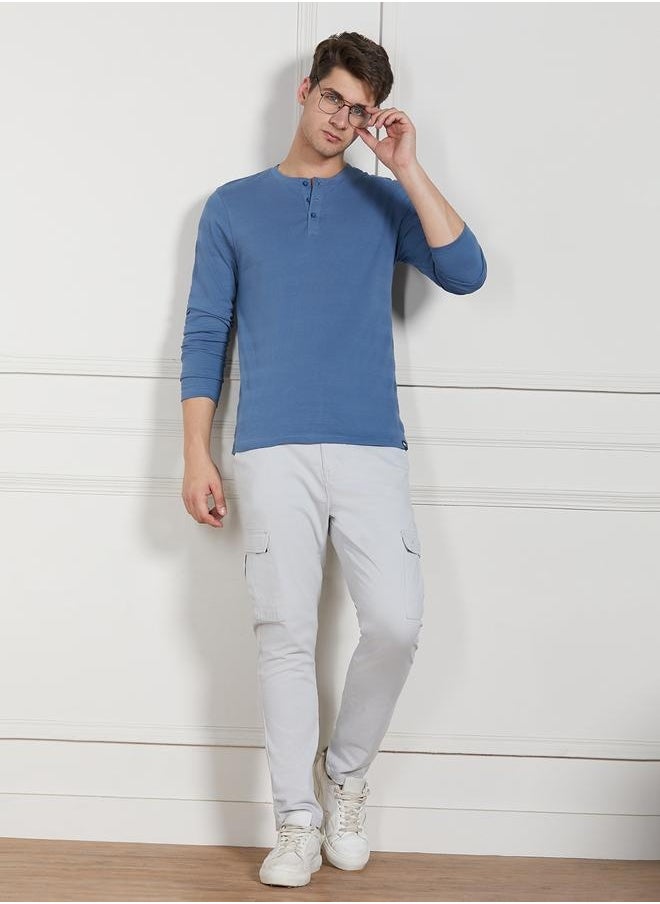 Dennis Lingo Regular Fit Mid Blue Cotton Henley Neck T-Shirt  - Image 1