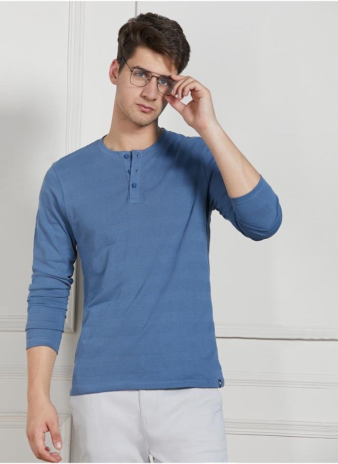 Dennis Lingo Regular Fit Mid Blue Cotton Henley Neck T-Shirt  - Image 3