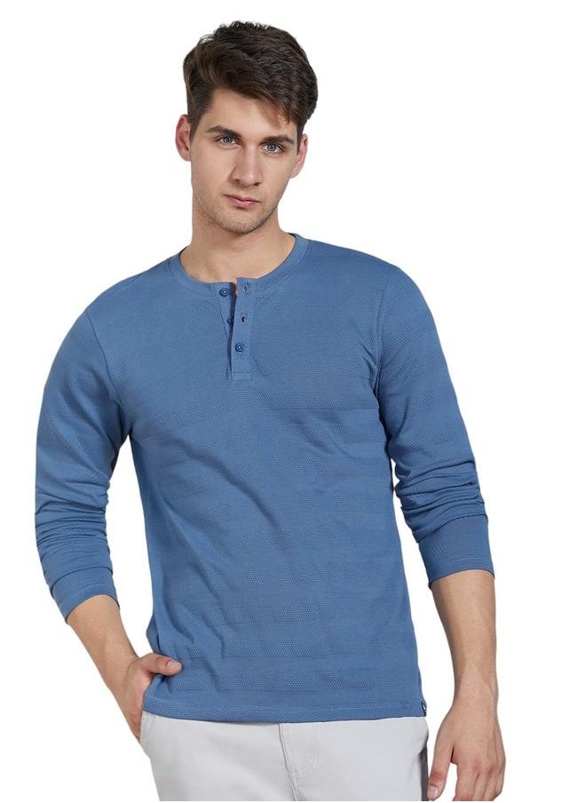 Dennis Lingo Regular Fit Mid Blue Cotton Henley Neck T-Shirt  - Image 2