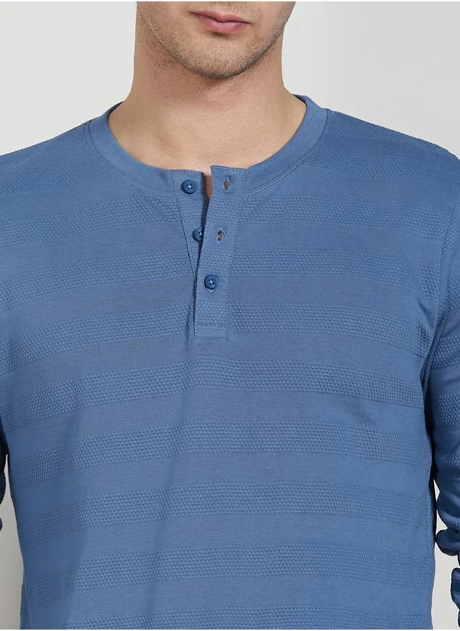 دينيس لينغو Regular Fit Mid Blue Cotton Henley Neck T-Shirt