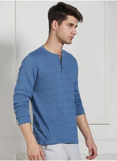 Dennis Lingo Regular Fit Mid Blue Cotton Henley Neck T-Shirt  - Image 5