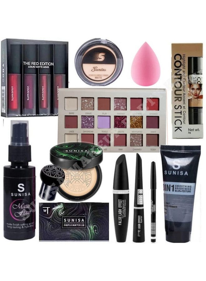 SUNISA All In One Makeup Kit Includes 4 Matte Lipstick Set Compact Powder Sponge 1 Contour Stick 18 Eyeshadow Kit Makeup Fixer 3 In 1 Foundation And Makeup Primer (Multicolor) Set Of 11
