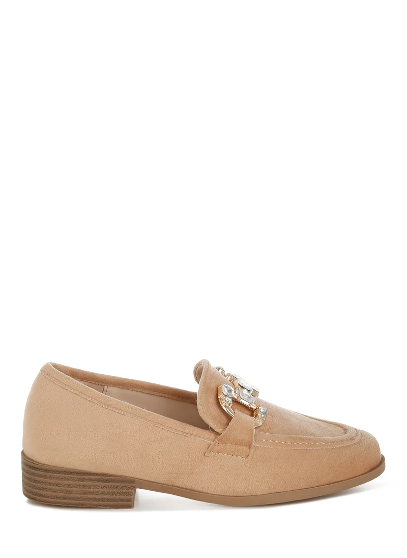 London Rag Diamante Embellished Horsebit Loafers in Beige