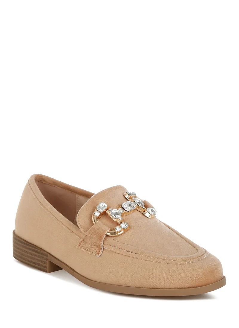 London Rag Diamante Embellished Horsebit Loafers in Beige