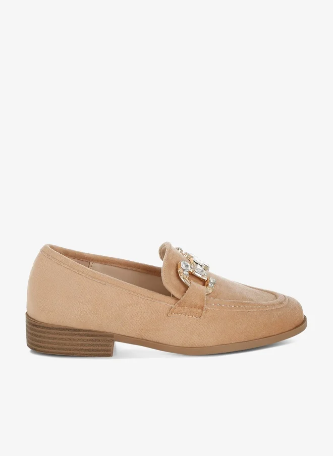 London Rag Women's Diamante Embellished Horsebit Loafers in Beige
