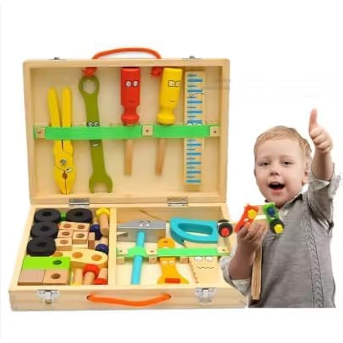 WOODEN TOOL KIT FOR KIDS – 34PCS BUILDING CONSTRUCTION TOOL BOX TOY SET – STEM BUILDING & CONSTRUCTION TOYS FOR TODDLERS, BOYS & GIRLS AGE 36 MONTHS+ (WOOD BUILDING TOYS) - Image 1