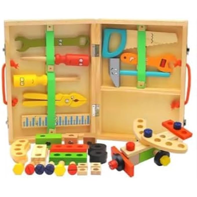 WOODEN TOOL KIT FOR KIDS – 34PCS BUILDING CONSTRUCTION TOOL BOX TOY SET – STEM BUILDING & CONSTRUCTION TOYS FOR TODDLERS, BOYS & GIRLS AGE 36 MONTHS+ (WOOD BUILDING TOYS) - Image 2