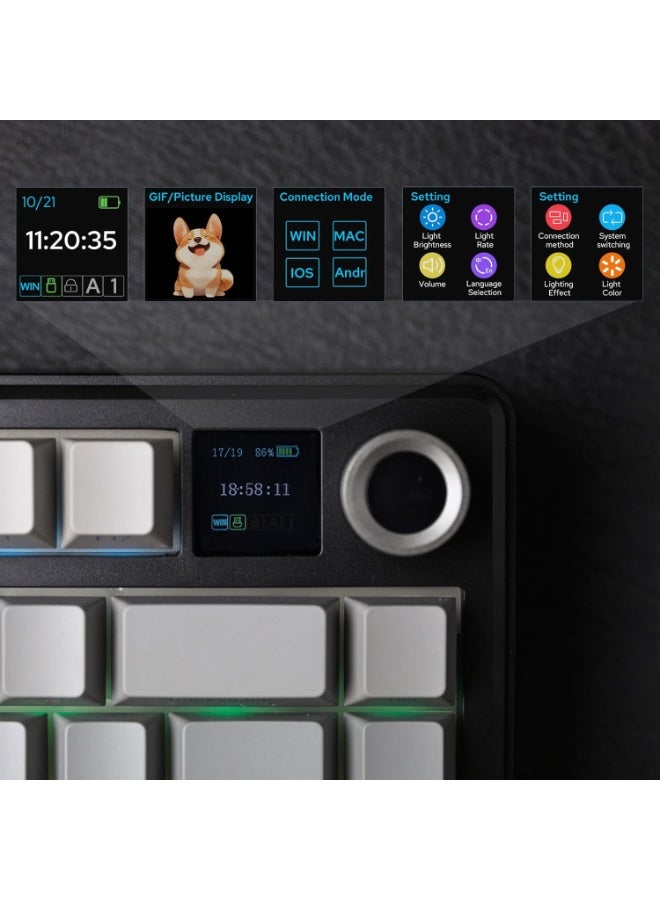 AULA F75 MAX Mechanical Gaming Keyboard is a three-mode wireless keyboard with a TFT screen, control knob, and hot-swappable keys. It comes in a creamy gasket design and supports 2.4GHz Type-C cable and Bluetooth 5.0 connectivity for PCs/Macs/Offices/Gaming (Gradient Black). - Image 3