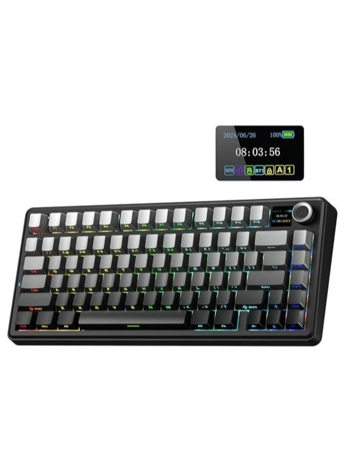 AULA F75 MAX Mechanical Gaming Keyboard is a three-mode wireless keyboard with a TFT screen, control knob, and hot-swappable keys. It comes in a creamy gasket design and supports 2.4GHz Type-C cable and Bluetooth 5.0 connectivity for PCs/Macs/Offices/Gaming (Gradient Black). - Image 1